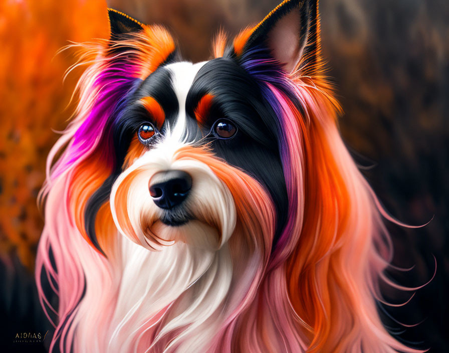 Vivid digitally created dog with red and purple fur & unique eyes