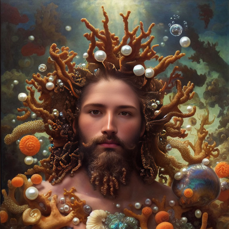 Surreal portrait featuring marine-themed crown underwater