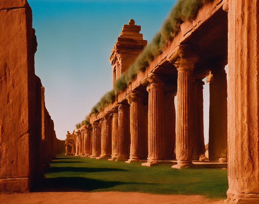 Ancient ruins with towering columns under clear blue sky
