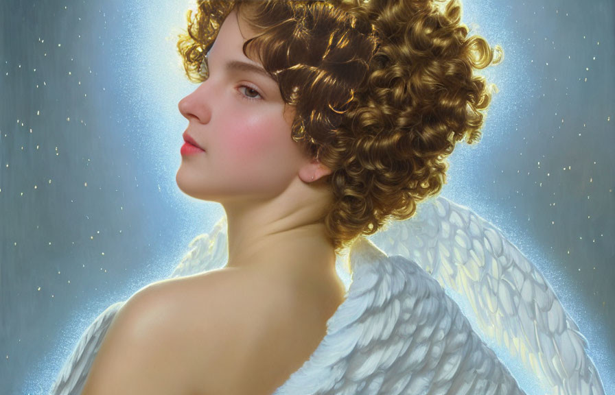 Curly Haired Person with Angel Wings in Serene Portrait