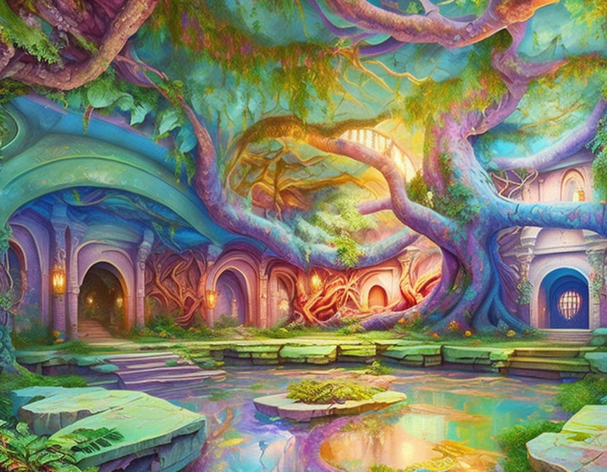 Vibrant fantasy forest with colorful trees and enchanting doorways
