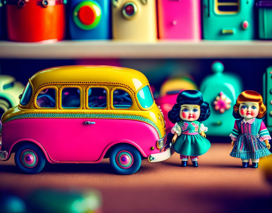 Colorful Vintage Toy Scene with Pink Car & Doll Figures