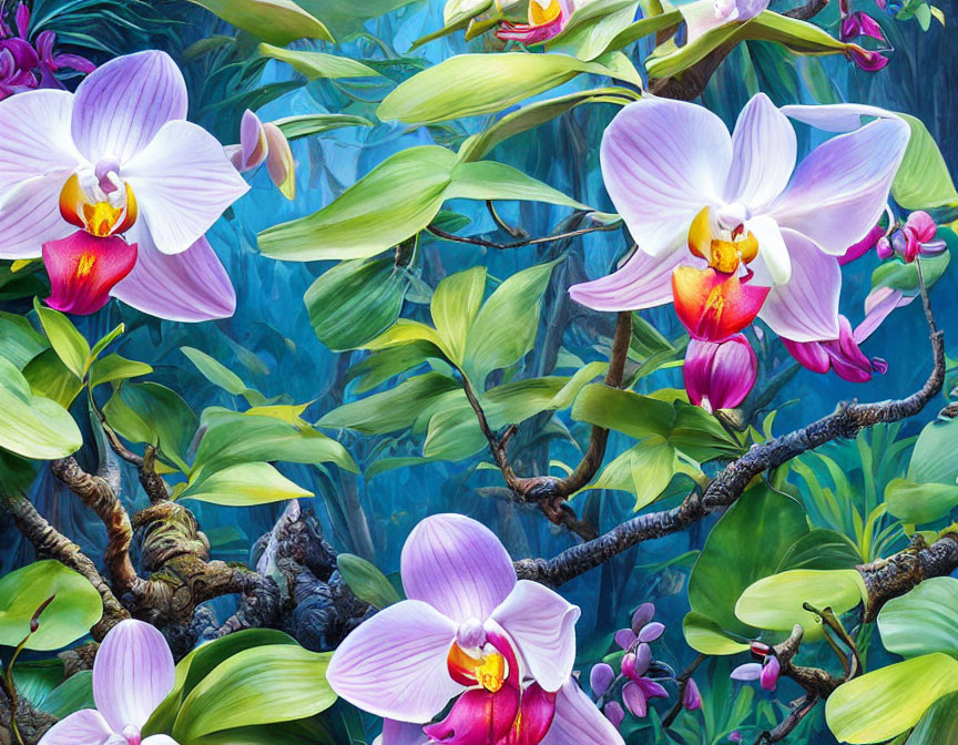 Colorful Orchids Among Lush Tropical Forest