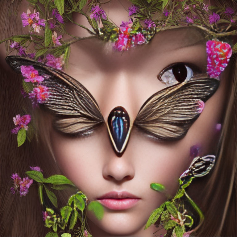 Woman's face with butterfly wing eyes, vibrant flowers, and plant elements.