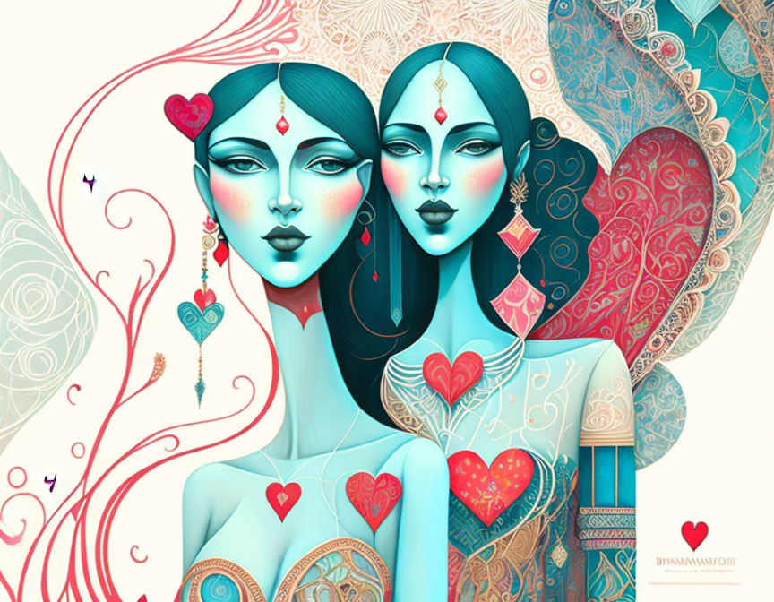 Stylized women with blue skin and heart motifs in intricate red and teal patterns