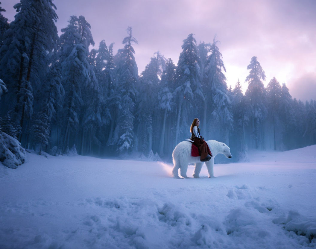 Person riding white polar bear in snowy forest under purple sky