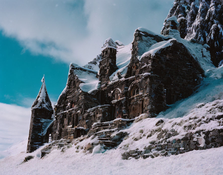 Snow-covered stone building with steep roof on snowy mountain slope