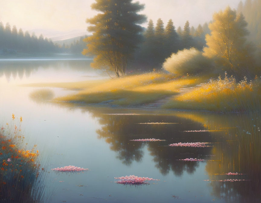 Serene Dawn Scene: Lake Reflections, Pine Trees, Wildflowers, Water Lilies