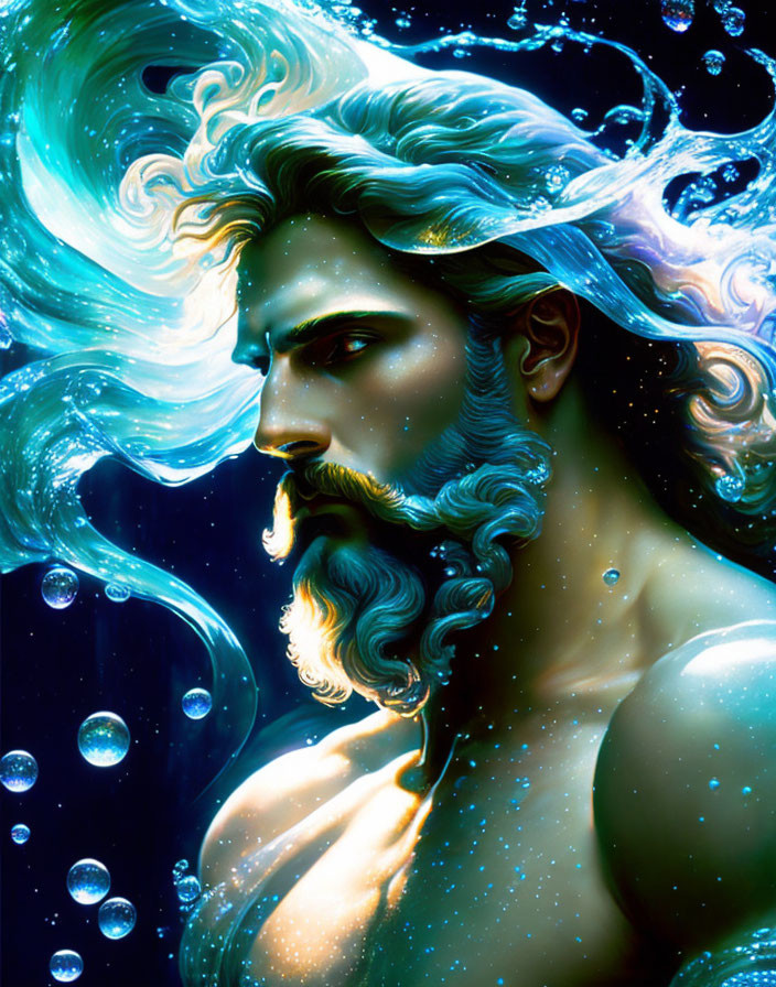 Bearded, muscular man in water with wavy hair and ethereal light.