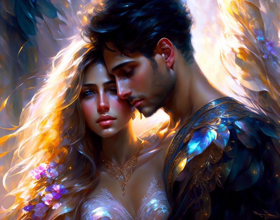 Romantic fantasy couple digital artwork with vibrant colors