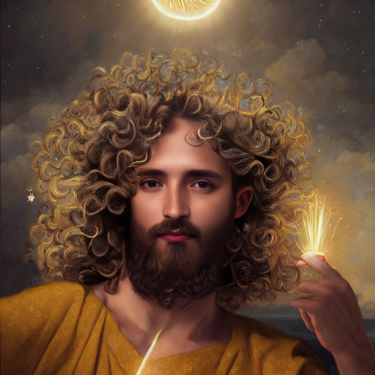 Person with curly hair and beard holding a shining light in golden robe with halo, celestial background