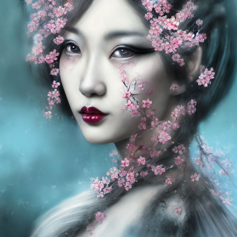 Digital painting: Woman with cherry blossoms in hair on soft blue background