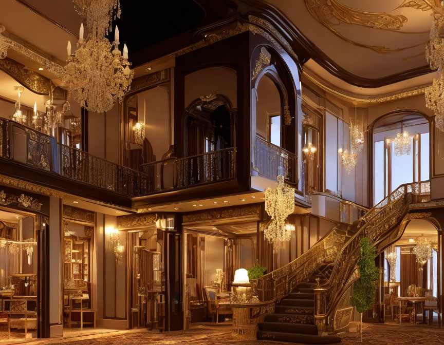 Luxurious Interior with Grand Staircase and Elegant Chandeliers