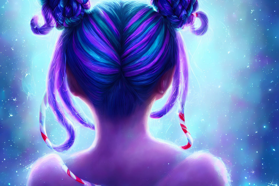 Vibrant blue and purple hair in buns with candy cane accessories on cosmic backdrop