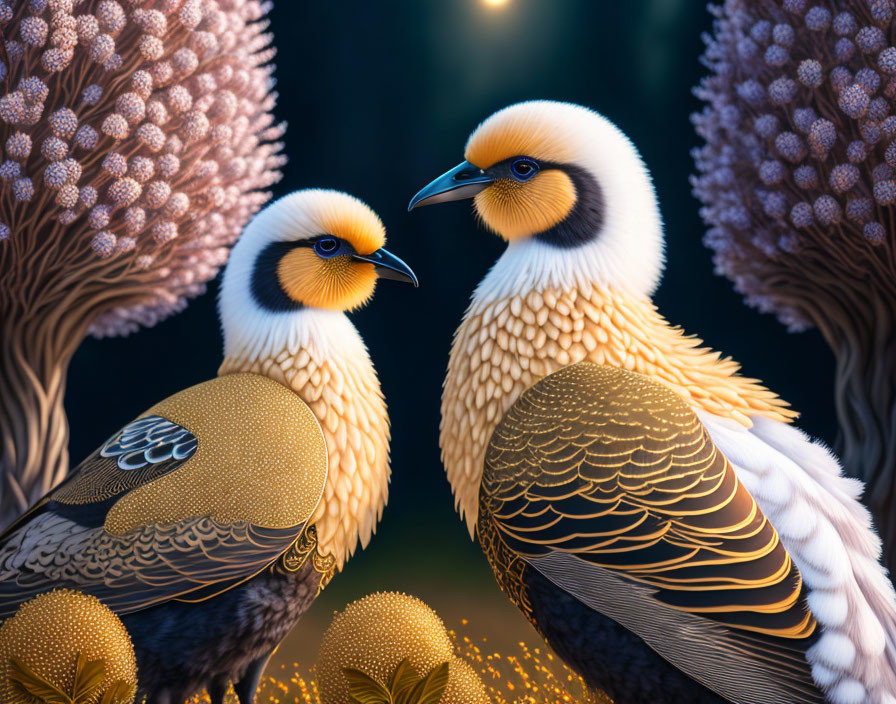 Golden-hued ornately patterned birds in mystical setting