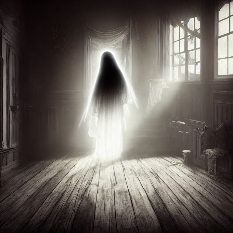 Ghostly silhouette in dim, dusty room with vintage furnishings
