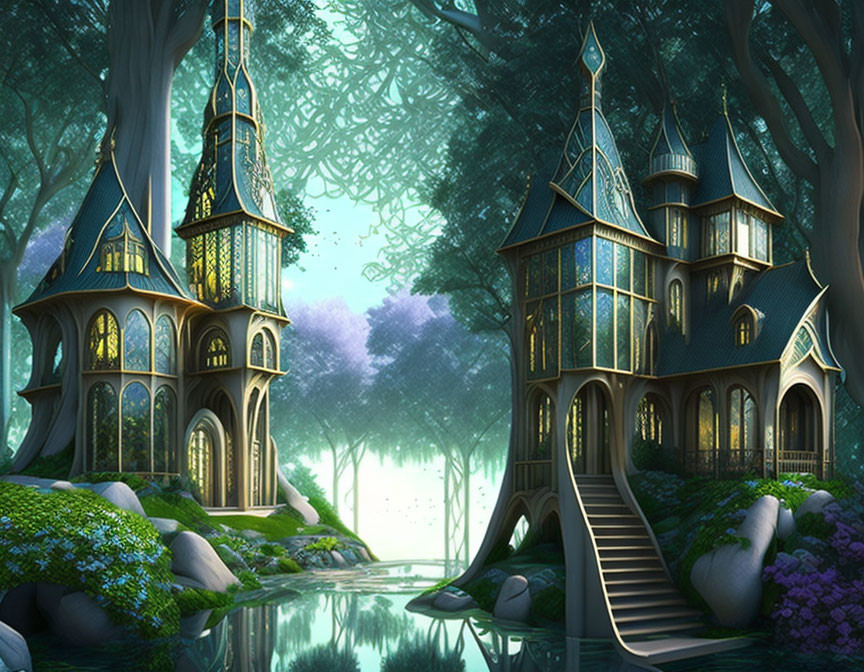 Lush forest scene with ornate treehouses and reflecting pond