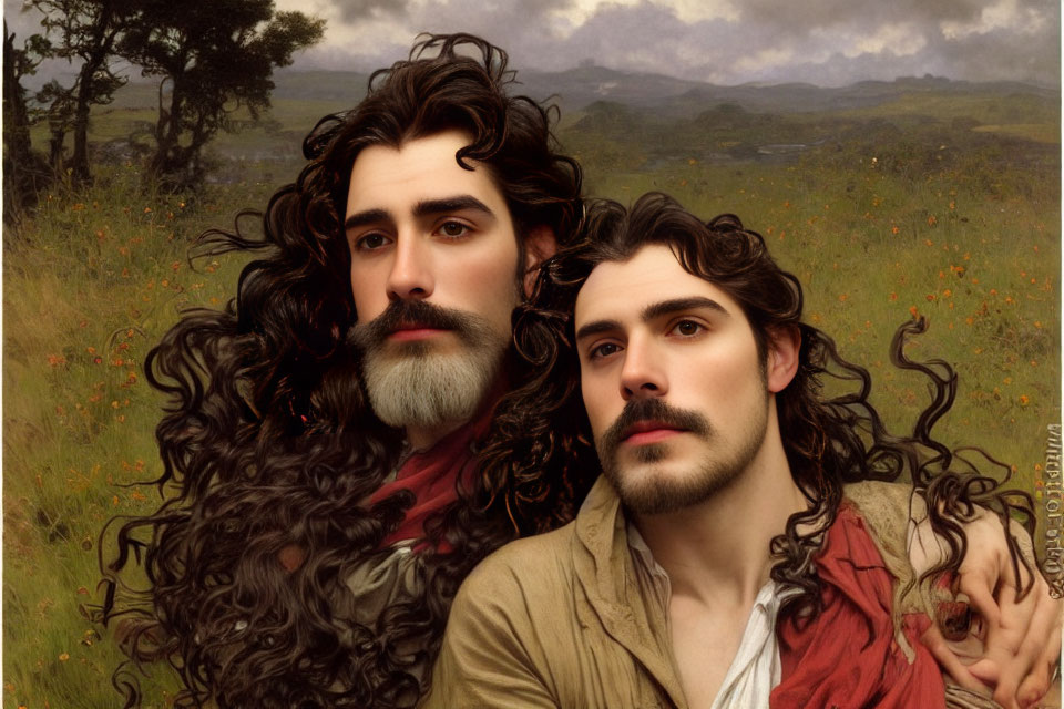 Two men with curly hair and beards in classical attire against pastoral backdrop
