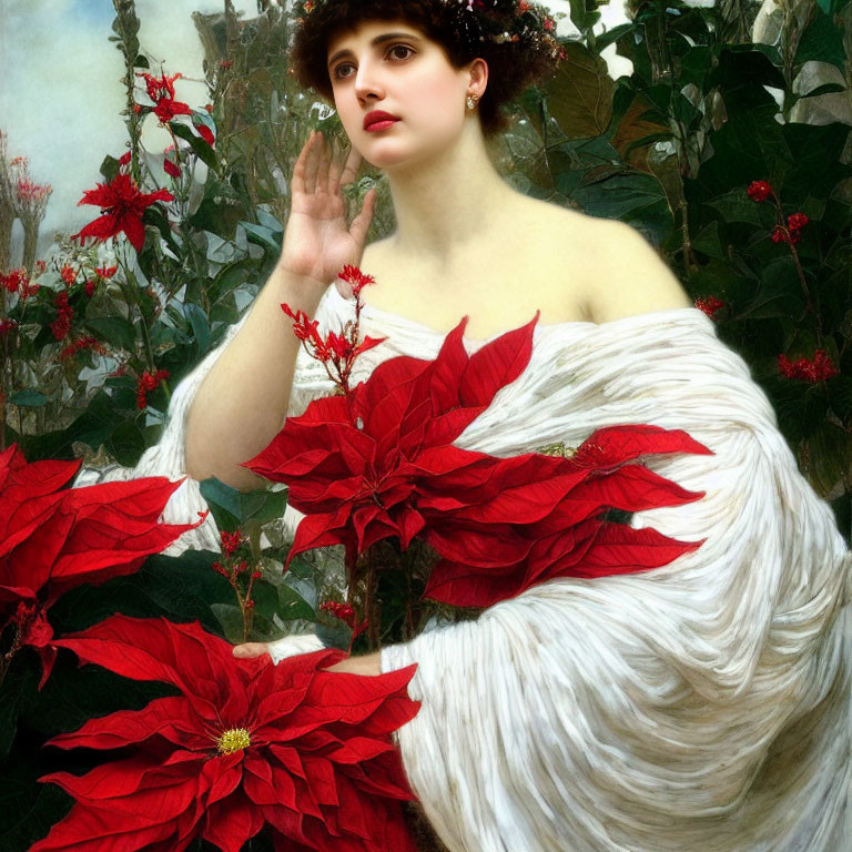 Woman with Dark Hair Surrounded by Red Poinsettias Listening Intently