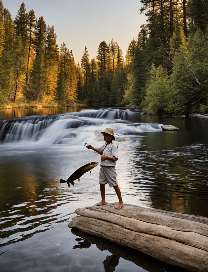 Person in Hat Holding Large Fish on Log Over River