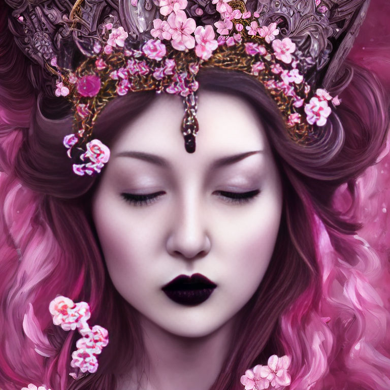 Pink-haired woman with floral crown and closed eyes in ethereal setting.