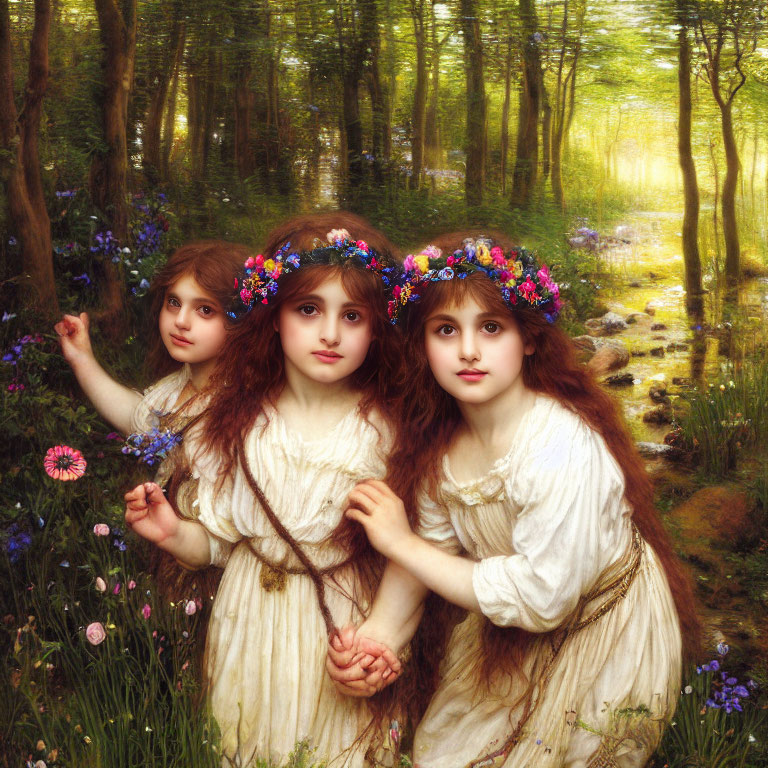 Three girls with floral wreaths in sunlit forest clearing
