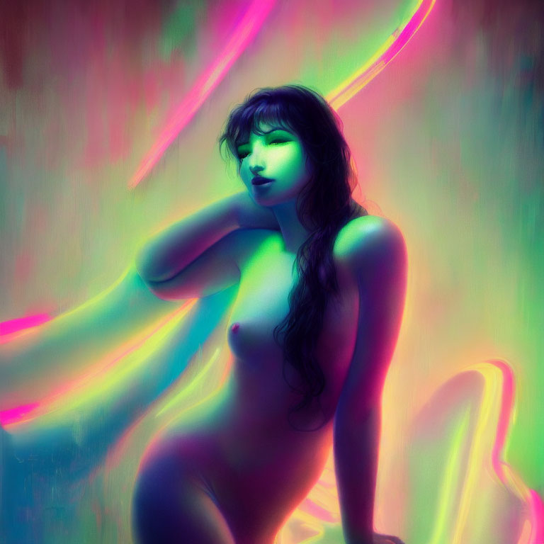 Woman posing under colorful neon lights in dreamy atmosphere