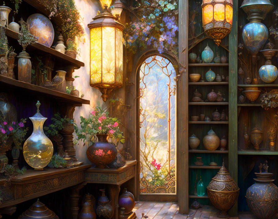 Ornate vases, colorful flowers, and glowing lanterns in a cozy room with a garden