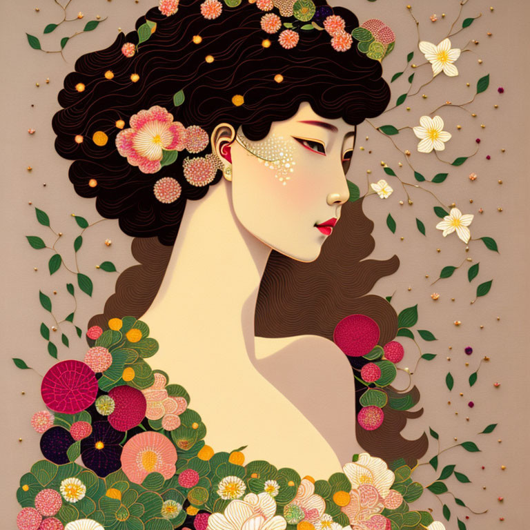 Colorful Flowers Adorn Black-Haired Woman Illustration