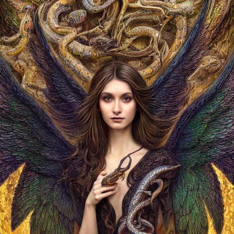 Mythical woman with feathered wings and snakes, evoking legendary creature