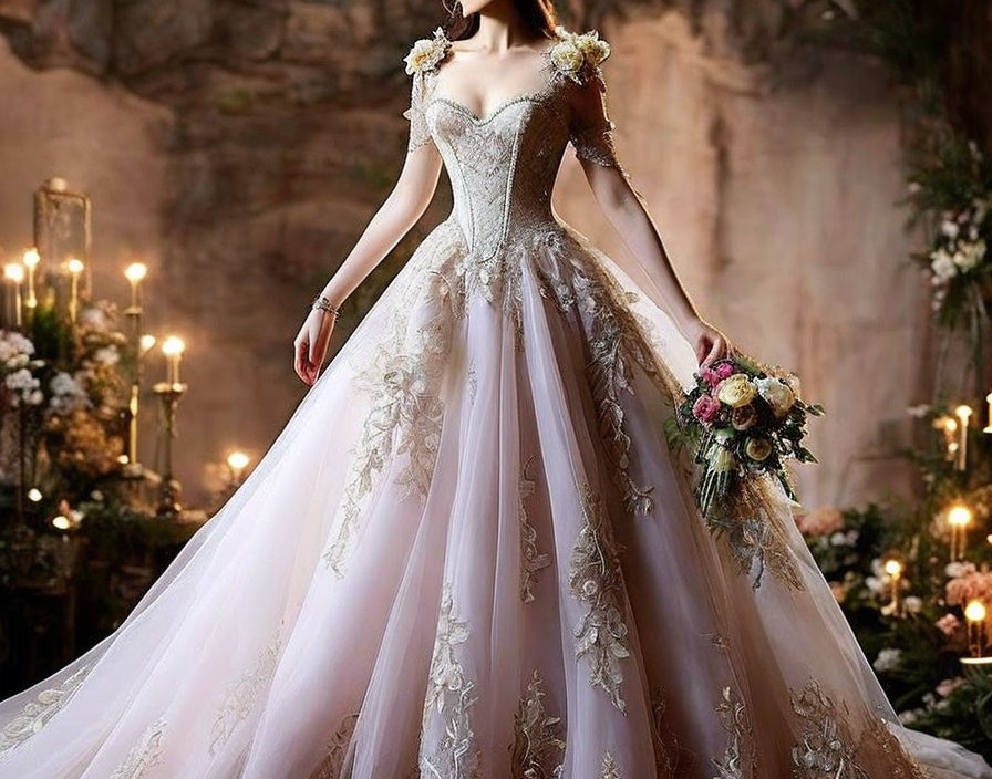 Elegant off-the-shoulder wedding dress with floral embroidery and bouquet in candlelit setting