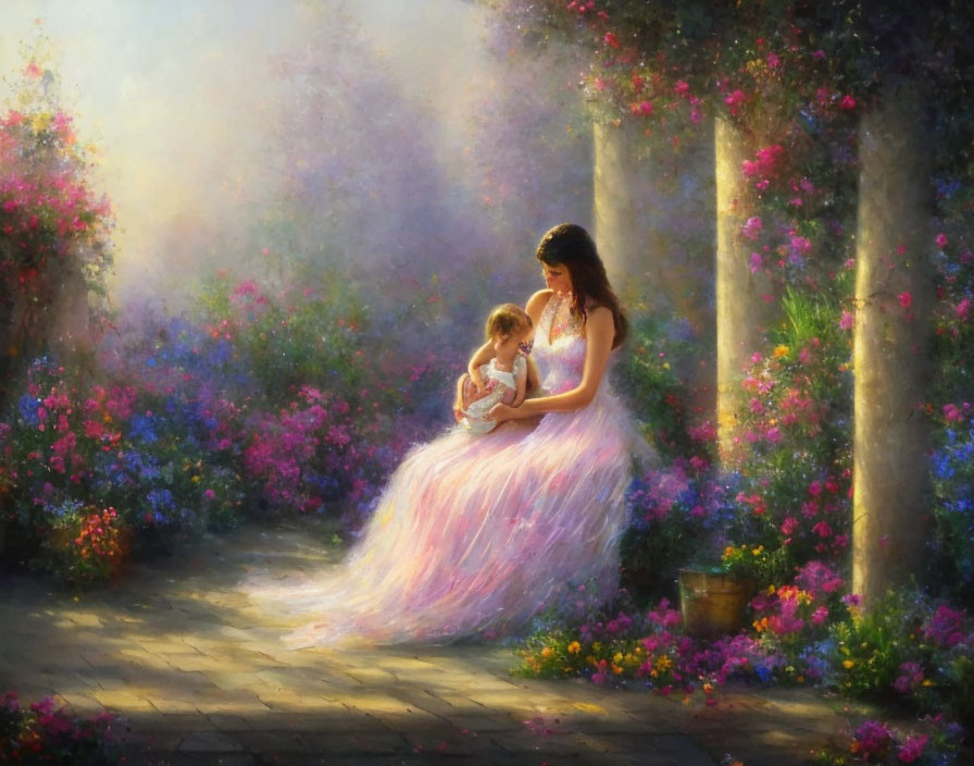Tranquil painting of woman and child in pink dress in vibrant garden