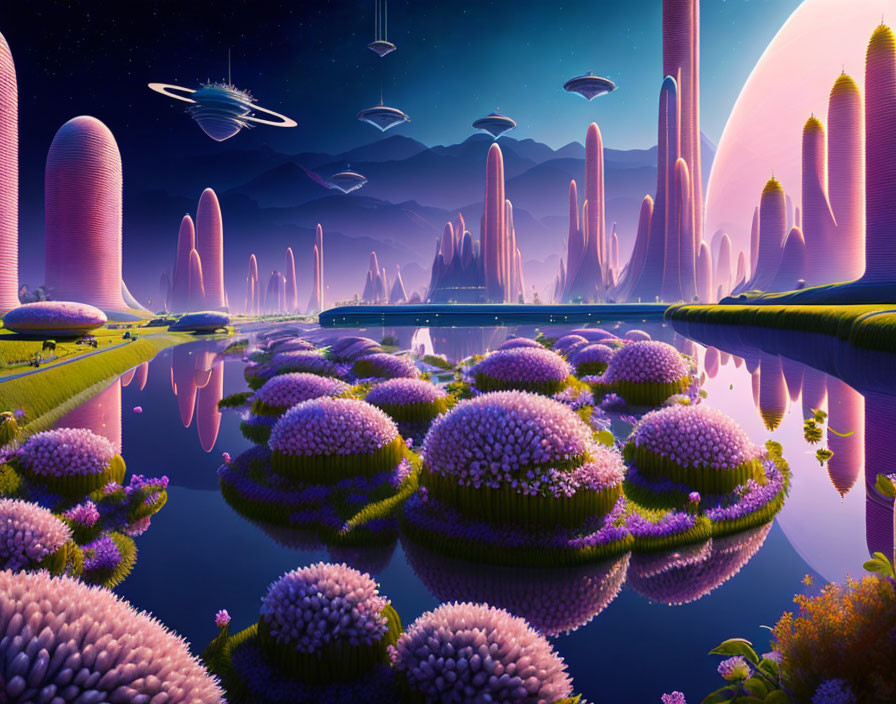 Surreal landscape with pink structures, reflective lake, UFOs, and large planet at dusk