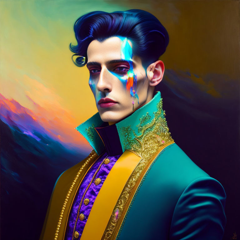 Man with Stylish Hair in Blue and Gold Jacket with Tear-Like Paint Splash
