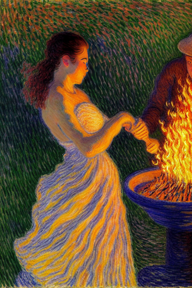 Vibrant painting of woman near cauldron with swirling colors