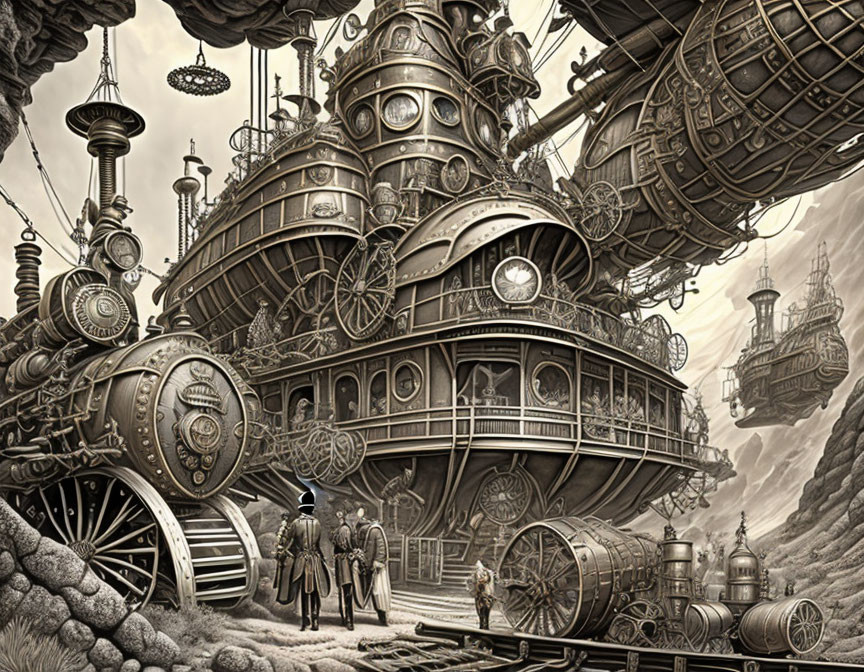 Sepia-Toned Steampunk Illustration: Trains, Airships, Gears, Victorian