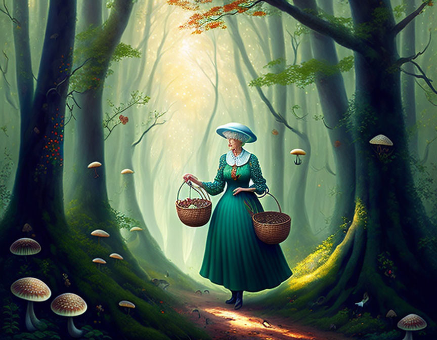 Person in vintage clothing walks through enchanting forest with mushrooms and beams of light.