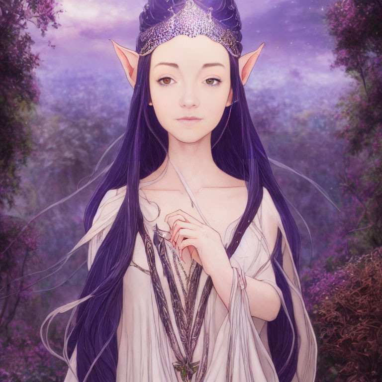 Purple-haired elf with tiara and wings in mystical forest