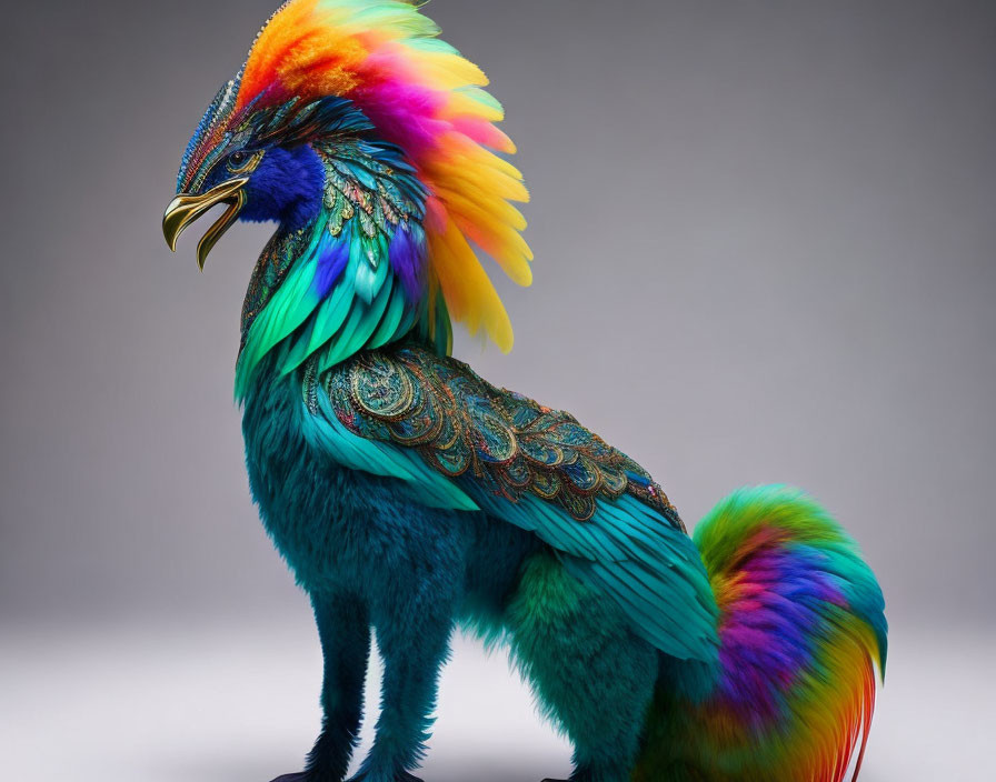 Colorful fantastical creature with avian features and vibrant plumage in blue, green, yellow,