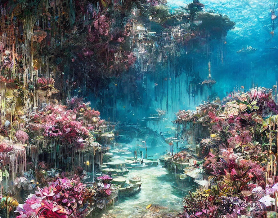 Colorful Underwater Scene with Flora, Rocks, and Ethereal Light