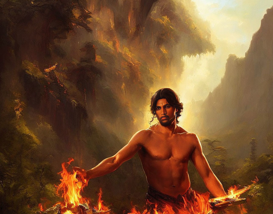 Muscular man with flames in mystical forest under sunlight