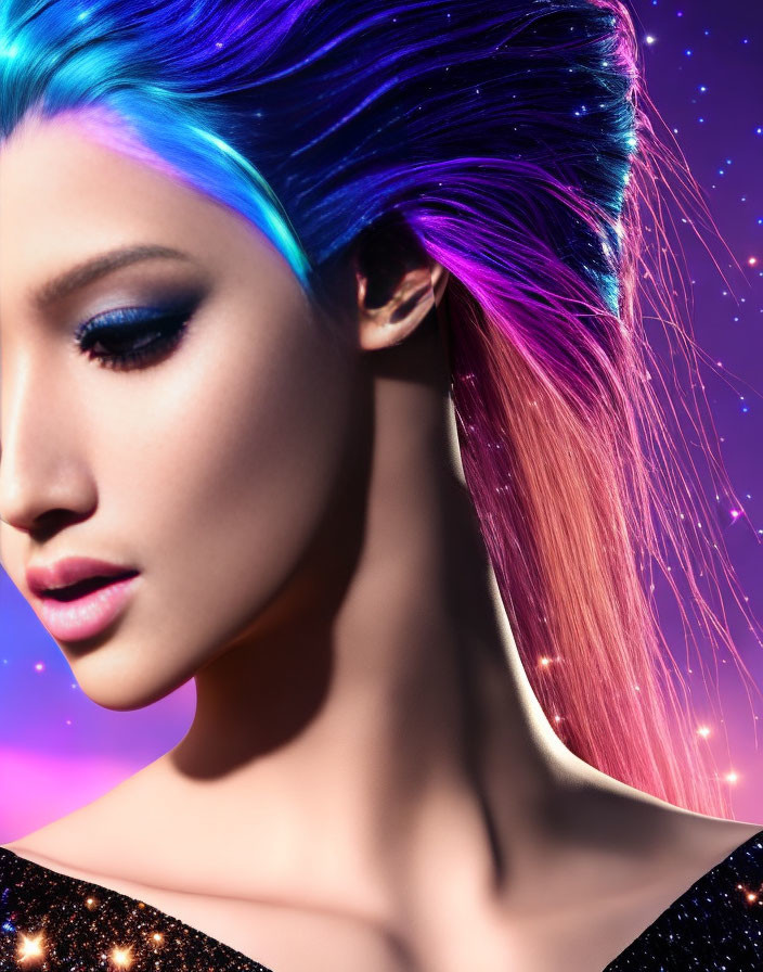 Vibrant Blue and Pink Hair Woman in Cosmic Starry Background
