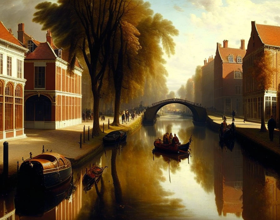 Golden-lit Canal Scene with Boats, Figures, Trees, and European Architecture