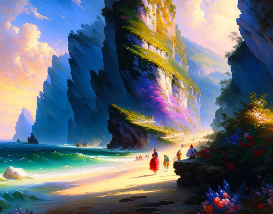 Scenic beach with cliffs, greenery, flowers, and waterfall