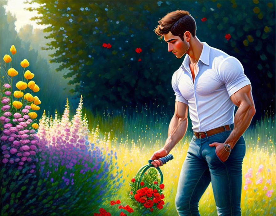 Muscular man in white shirt tending vibrant garden at golden hour