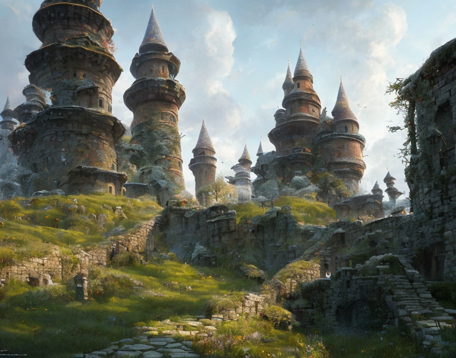 Ancient stone towers in lush, overgrown landscape