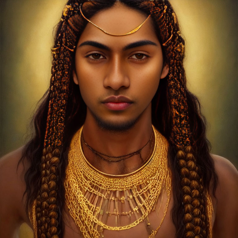 Portrait of a person with braided hair and golden jewelry on blurred golden background