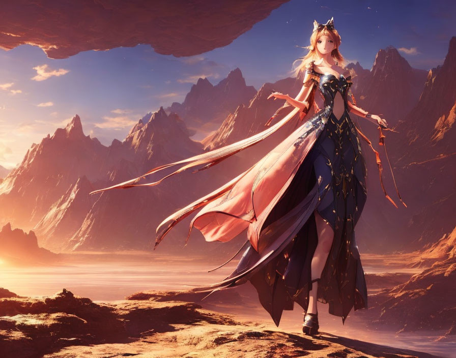 Fantasy character in flowing dress against majestic mountain backdrop at sunset