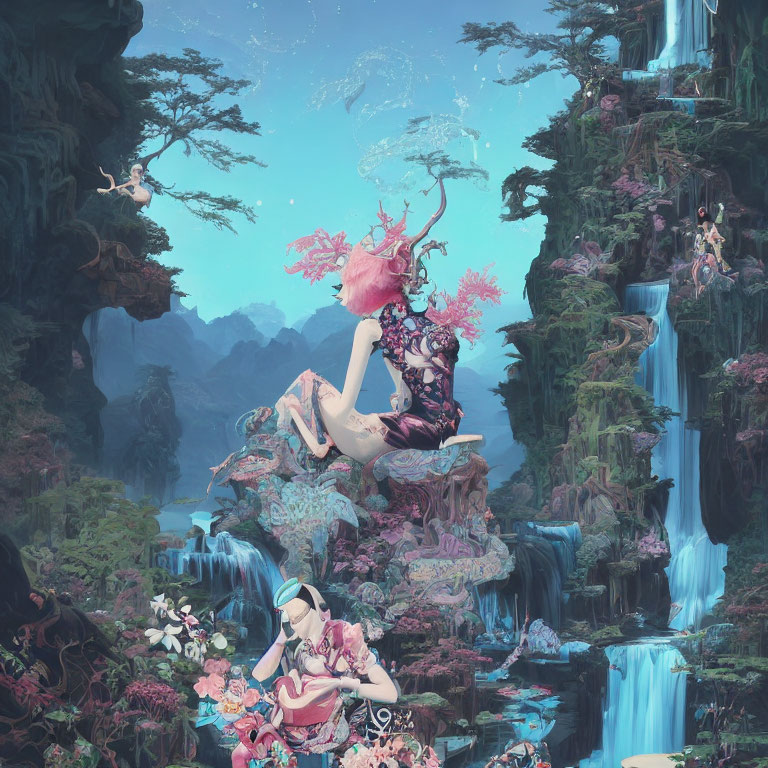 Giant Woman in Fantasy Scene with Waterfalls and Magical Flora