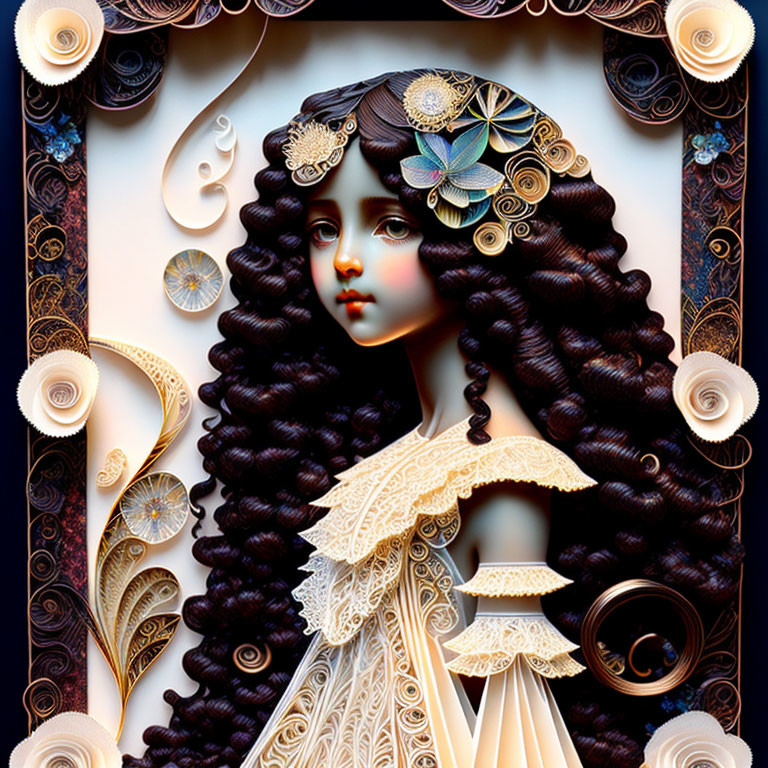 Detailed vintage frame with floral motifs surrounding a curly-haired girl.